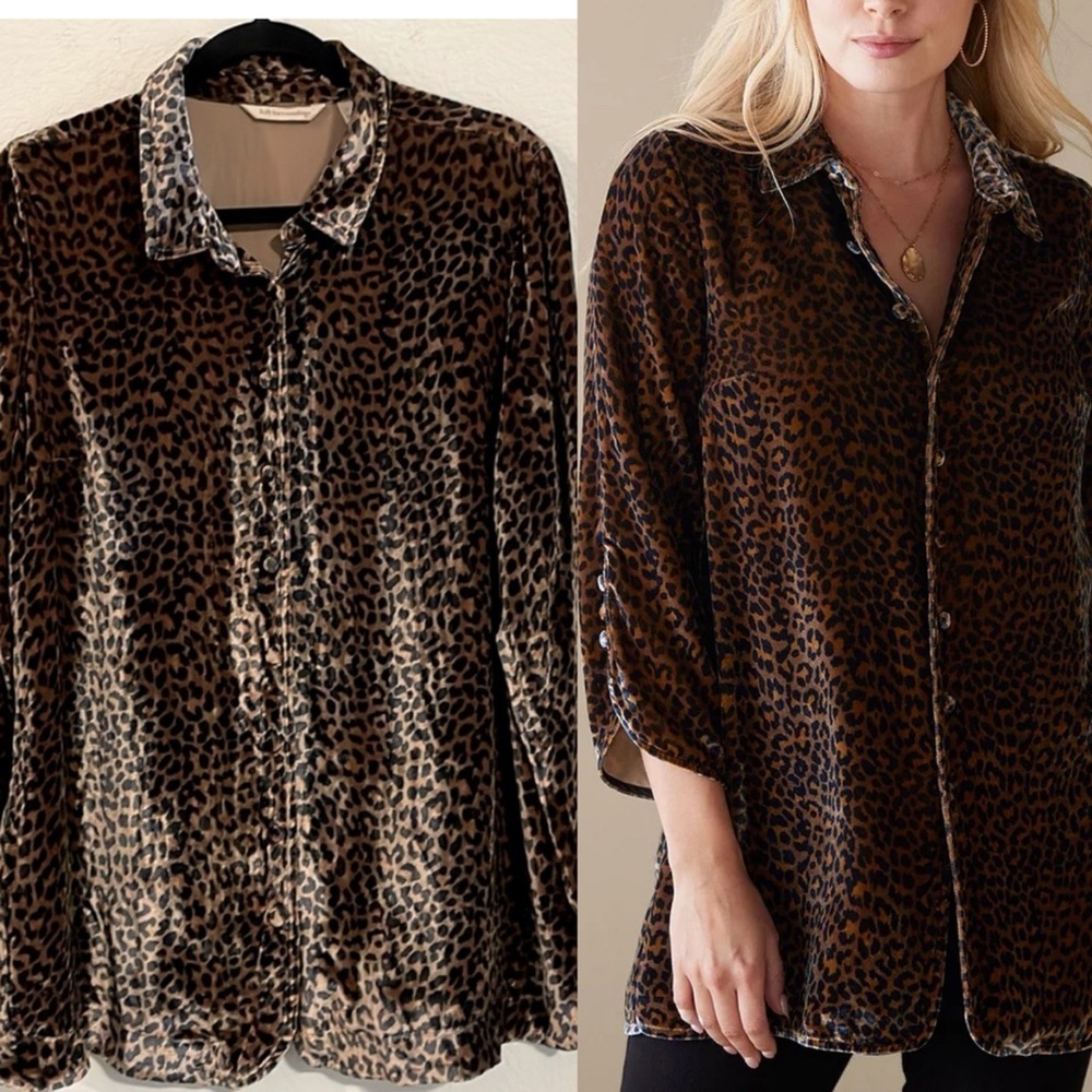 Soft Surroundings Brown Longline Cheetah Print Velvet Silk Button Down Top